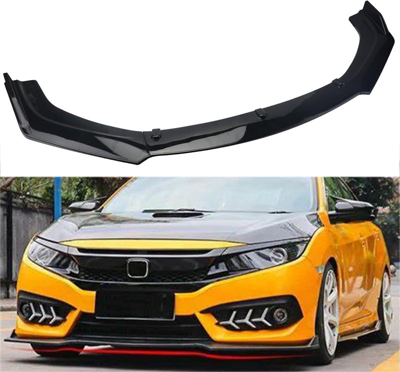 LONGKEES 3PCS Gloss Black Front Bumper Lip Compatible with 2016-2020 Civic，PP Front Bumper Body Kit Spoiler Chin Spoiler - Image 1